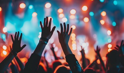 Hands raised in the air at a lively summer concert, Generative AI