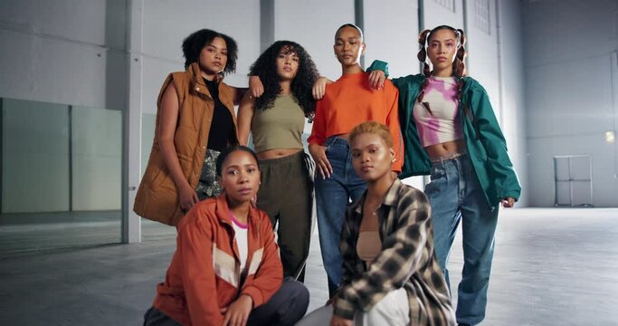 Serious group, confidence and friends for fashion in hall with style inspiration, funky clothes and streetwear. Gen z, portrait and teen girls for unique clothing with solidarity, diversity and swag