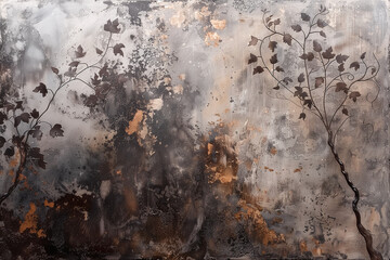Abstract Mixed Media Artwork with Metallic Leaves and Textured Background