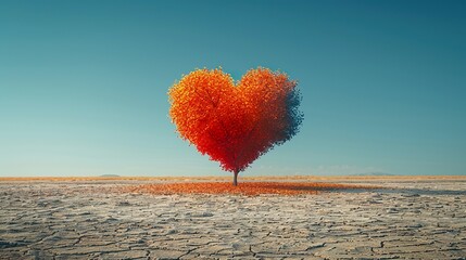 Fototapeta premium Isolated heart-shaped tree with orange and red gradient, blue sky in the background