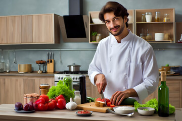Cuoco, chef, in cucina intento a preparare piatti e ricette.