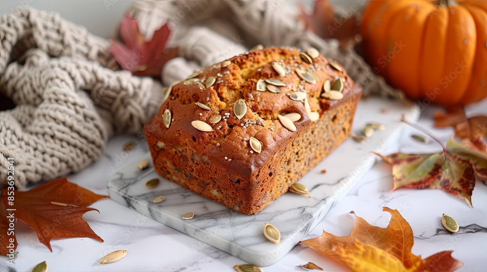 Wall mural A loaf of pumpkin bread sits on a marble countertop, its surface studded with pumpkin seeds.