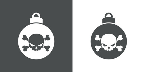 Tiempo de Navidad. Símbolo pirata. Logo con silueta de bola de navidad con calavera humana con expresión enojada y huesos cruzados para Halloween