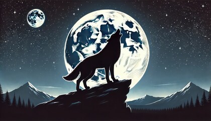 Obraz premium Majestic Silhouette of a Wolf Howling at the Full Moon, Illuminated by the Night Sky Filled with Stars and Mountainous Backdrop in a Stunning 300 DPI Artwork