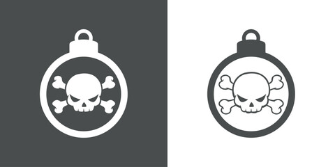 Tiempo de Navidad. Símbolo pirata. Logo con silueta de bola de navidad con calavera humana con expresión enojada y huesos cruzados para Halloween