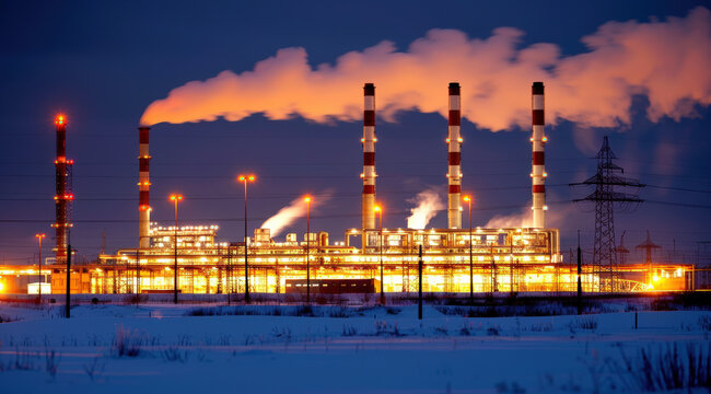 grand site industriel chimique avec cheminée et fumée polluante