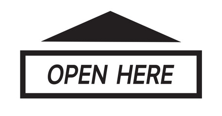 OPEN HERE banner flanked by upward arrow, guiding the user on where to access or begin