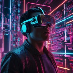 Craft an image showcasing a man immersed in virtual reality, his body intertwined with glowing circuitry, as he navigates through a digital landscape with his cybernetic headset, surrounded by an aura