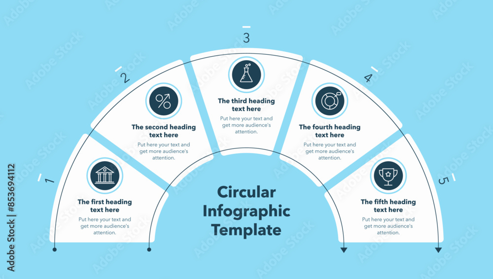 Poster circular infographic diagram divided into five stages - blue version. flat design with minimalistic 