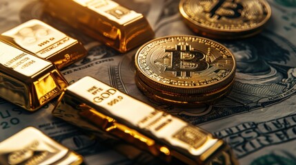 Bitcoin currency, Gold, and dollar. Gold metal bitcoin on top of paper currency. Copy space for text and wording.