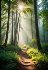 Fototapeta premium Peaceful forest trail with sunbeams piercing through mist, ideal for Earth Day promotions and nature mindfulness retreats
