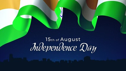 15th of august india independence day, indian colorful fireworks flag on blue night sky background. India national holiday august 15. Animated greeting card for independence day. Seamless loop