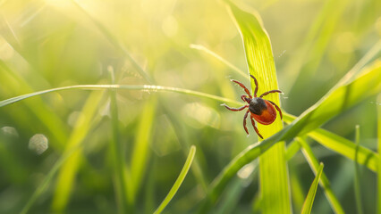A tick clings to a blade of grass, illuminated by the soft morning sunlight, capturing a close-up of its natural behavior.
