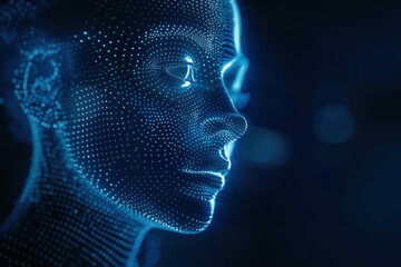 Obraz premium Holographic Face made of glowing particles representing artificial intelligence 