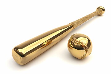 Golden Baseball Bat and Ball, Isolated on White, gold, baseball bat, ball, white background