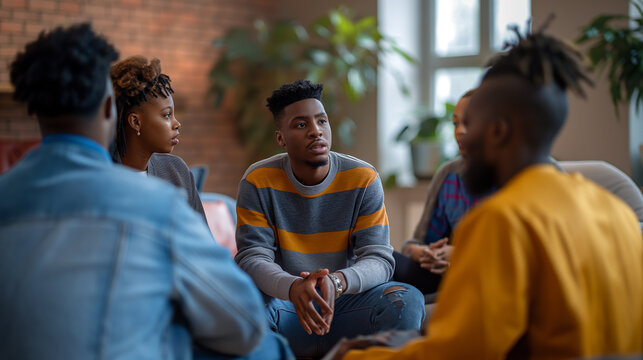 a group of people sit in a circle for therapy and listen carefully to someone who talks about their problems, group psychotherapy in a cozy environment