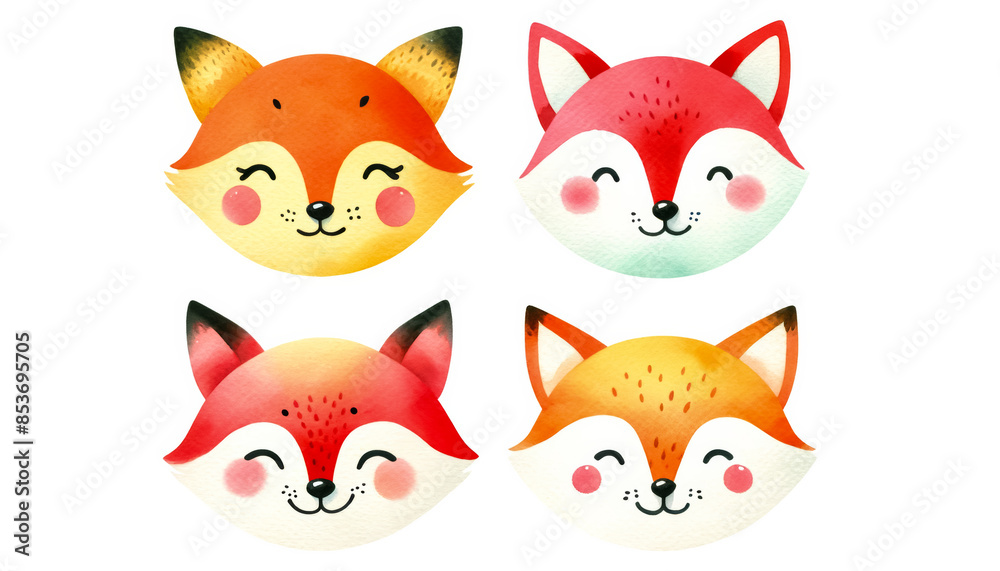 Poster Cute, colorful cartoon fox faces with rosy cheeks, perfect for children's illustrations, autumn-themed designs, and holiday greeting cards