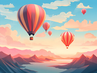 Fototapeta premium Illustration of hot air balloons of various colors floating in the sky during a clear morning 