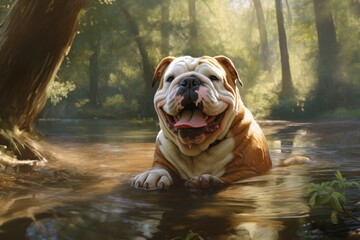 Portrait of a happy bulldog while standing against tranquil forest stream