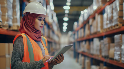Hijabi Woman Using Tablet to Check Inventory in a Warehouse