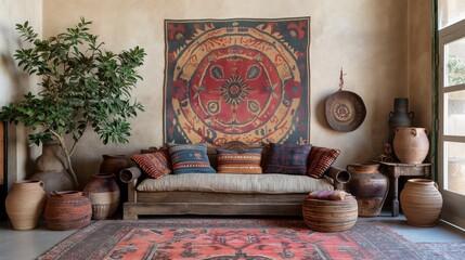 Cozy Living Room with Rustic Decor and Ethnic Patterns in Warm Tones