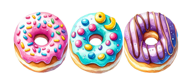 Three colorful donuts with vibrant icing and sprinkles, perfect for celebrations, dessert themes, or National Donut Day visuals