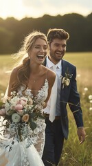 A bride and groom laughing together as they run through a field, their elation at their wedding palpable