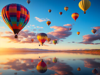 Fototapeta premium Hot air balloons of various colors floating in the sky during a clear morning 