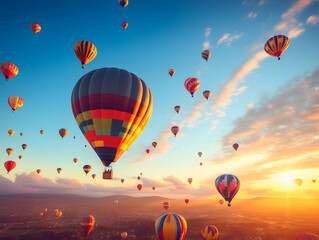 Fototapeta premium Hot air balloons of various colors floating in the sky during a clear morning 