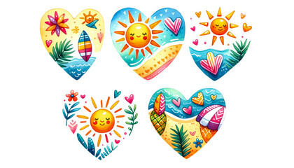 Naklejka premium Colorful heart-shaped beach and sun illustrations representing summer, tropical vacations, and a cheerful holiday atmosphere