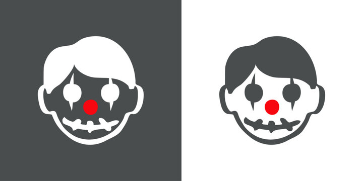 Logo con emoticono de zombi payaso para invitaciones y tarjetas de Halloween. Cabeza de zombi con maquillaje de payaso como personaje emoji