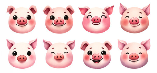 A set of cute cartoon pig faces showing various emotions, suitable for Chinese New Year celebrations, children's content, and expressive emojis use