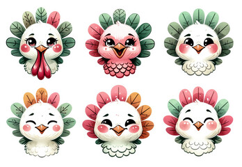 Fototapeta premium Cute and colorful cartoon turkey faces with various expressions, perfect for Thanksgiving, children's illustrations, and festive holiday decorations