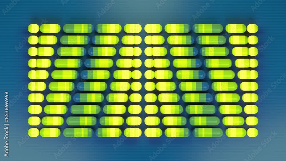 Fototapete Digital seamless loop animation of a moving pattern of a group of yellow and green capsules arranged in a rectangle on a blue background. Minimalist, clear and concise design. 3d rendering 4K