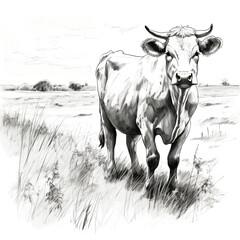 A bull cow is sown in a meadow in a field graphic black and white drawing on a transparent white background PNG. Black contour sketch with watercolor.