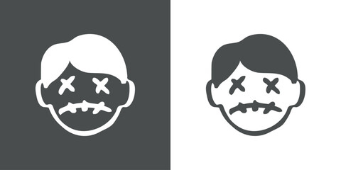 Logo con emoticono de zombi triste para invitaciones y tarjetas de Halloween. Cabeza de zombi con expresión triste como personaje emoji