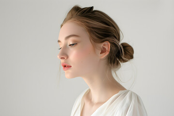Fototapeta premium Young Woman With Blonde Hair in a White Shirt.