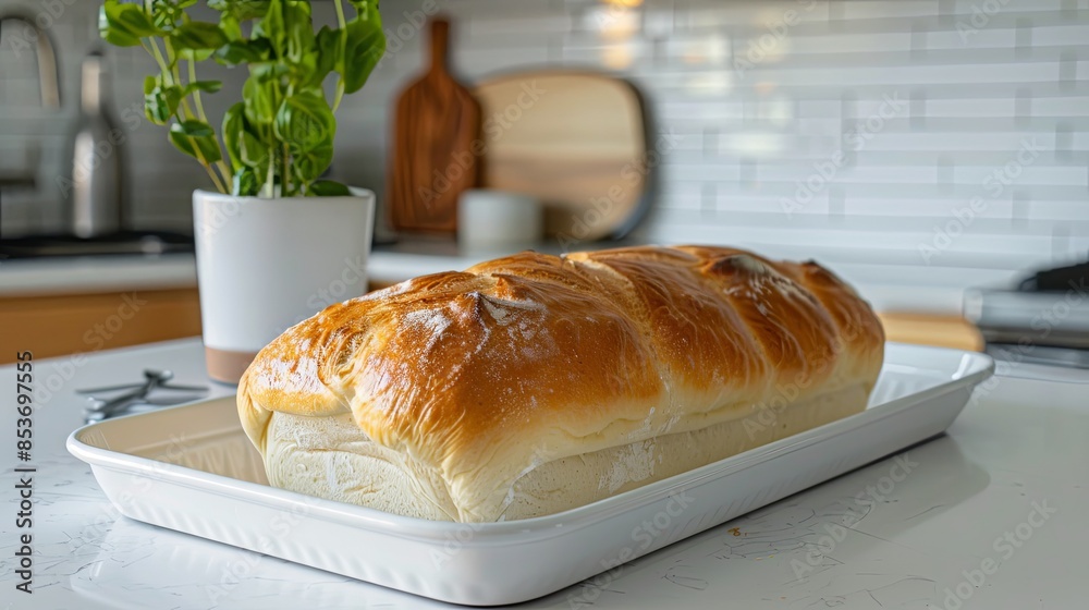 Canvas Prints A soft milk bread loaf rests on a white ceramic tray, its top brushed with a glossy milk wash. The backdrop features