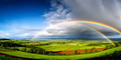 Obraz premium A rainbow arching across the sky after a summer rain shower, with green fields below