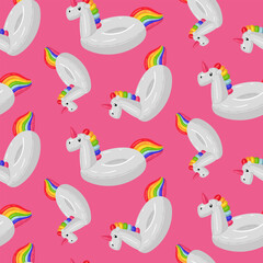 pattern with a swimming circle in the form of a white unicorn with a large long horn on a pink, large floating animal. Animal-shaped swimming circle is perfect for a summer themed pool party. Seamless