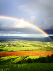 Fototapeta premium A rainbow arching across the sky after a summer rain shower, with green fields below
