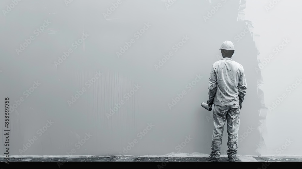 Aufkleber a worker paints a large wall in a room, using a roller brush and white paint. the wall is mostly pai