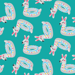 Pattern of a swimming circle in the form of a white llama with a large long neck, a large swimming animal on blue. Animal-shaped swimming circle is perfect for a summer themed pool party. Seamless