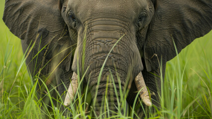 A majestic elephant standing in a lush grassland, its tusks prominently displayed.
