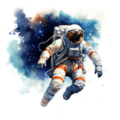 Portrait of an astronaut in outer space in a uniform in a spacesuit in watercolor on a transparent white background PNG. Cosmonautics day galaxy universe