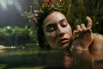 A woman with a flower crown rests in a swamp, her eyes closed in contemplation.