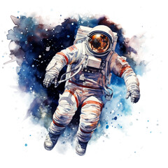 Portrait of an astronaut in outer space in a uniform in a spacesuit in watercolor on a transparent white background PNG. Cosmonautics day galaxy universe