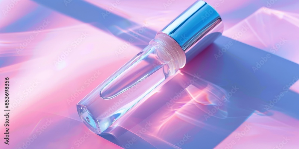 Poster A clear bottle of perfume is sitting on a pink surface