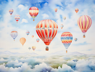 Naklejka premium Watercolor illustration of hot air balloons of various colors floating in the sky 
