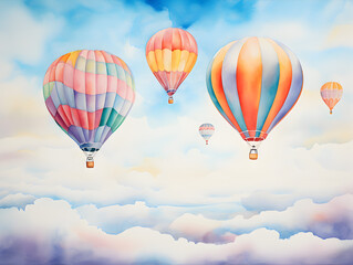 Naklejka premium Watercolor illustration of hot air balloons of various colors floating in the sky 